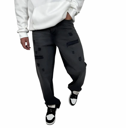 شلوار جین مردانه نیم بگ - رنگ خاکستری امبره زاپ‌دار - با وصله تیره