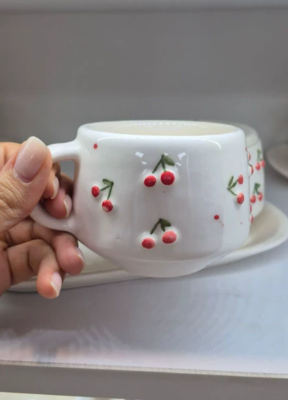 ست فنجان و قندان تک نفره چای خوری سرامیک برجسته آلبالو