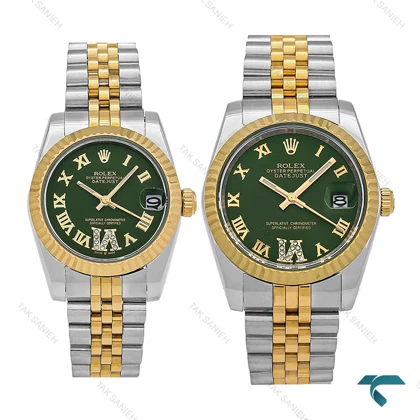 ساعت ست Rolex دورنگ طلایی صفحه سبز ایندکس یونانی Rolex-7156-S