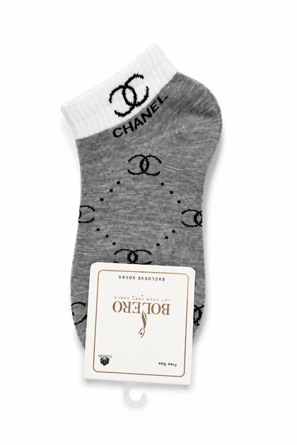 جوراب مچی زنانه پنبه طرح شنل (Chanel) طوسی روشن کد 848