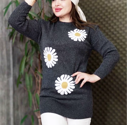 تونیک بافت زنانه طرح گل بابونه آستین بلند یقه گرد کد 1210