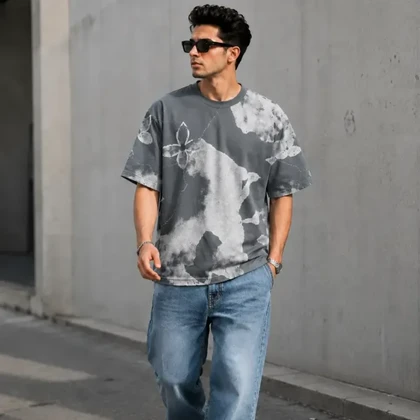 تیشرت مردانه باکسی نخ پنبه طرح لویی ویتون(Louis Vuitton) طوسی پرسیسکا