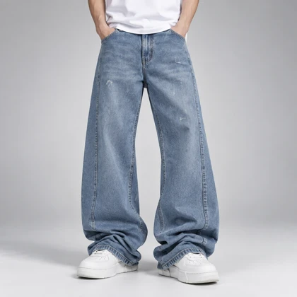 شلوار شافل (Shuffle Fit) ریزشی جین کد 51156 مستر کوالیتی استکینگ و چین‌های چندلایه سنگین (Puddle Effect)
