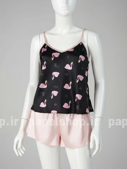 ست لباس خواب تاپ و شورتک ساتن طرح قو