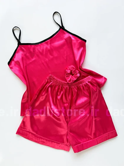 ست لباس خواب تاپ و شورتک ساتن ساده سرخابی