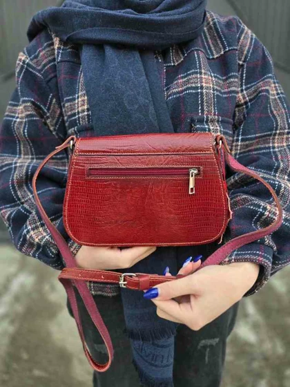 کیف چرم زنانه دو طبله زرشکی آلبالویی لیزارد چرم اصل گاوی