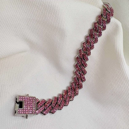 دستبند چین فول نگین صورتی | قفل کتابی