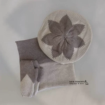 کلاه و شال و دستکش دخترانه طرح گل اندلس