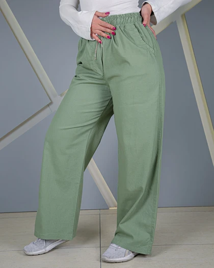 شلوار خنک کتان سبز بهاری تابستانی زنانه قد 102 سایز 38 تا 52 Cool Green Linen Pants کد 60300