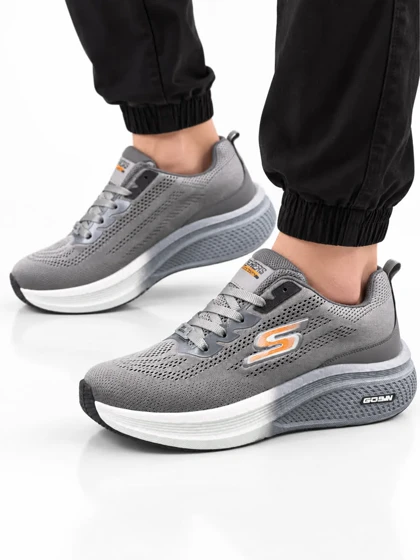 کفش کتانی بزرگ پا اسکیچرز رانینگ زیره بست طوسی سیر SKECHERS