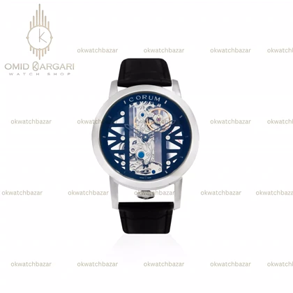 ساعت مچی کروم صفحه اسکلتون بند چرمی مشکی Corum