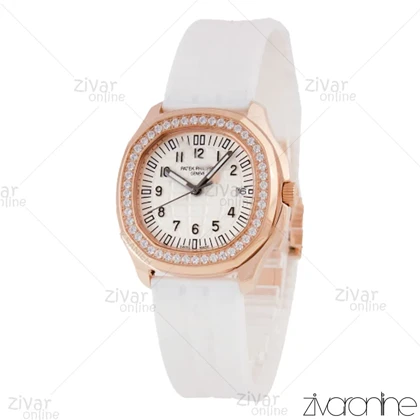 ساعت پتک فیلیپ آکوانا زنانه قاب رزگلد صفحه سفید دور نگین 105766