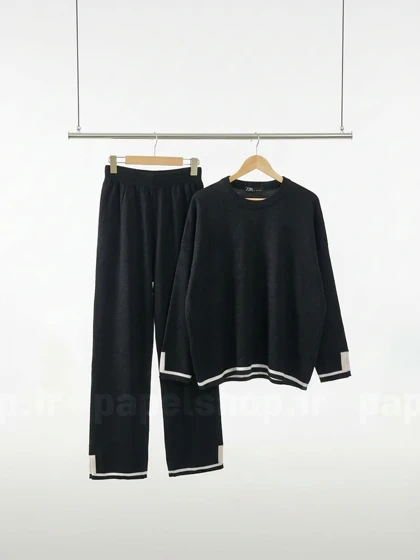 ست مشکی بافت یقه گرد و شلوار بگ طرح پایین خط