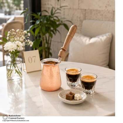 قهوه جوش مسی دسته چوبی گنجایش 2 کاپ