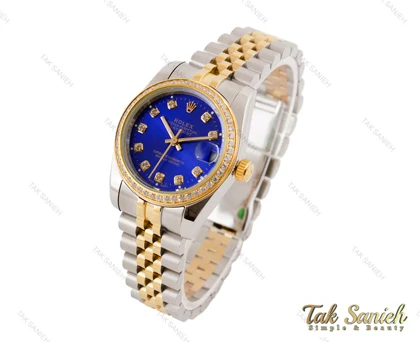 ساعت رولکس زنانه طلایی نقره ای نگین‌دار صفحه سرمه ای Rolex-3510-L