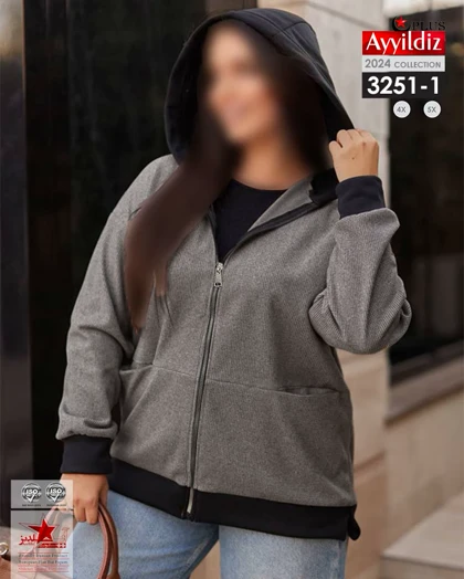سویشرت کلاه دار جلو زیپ‌دار زنانه سایز بزرگ کد 3251