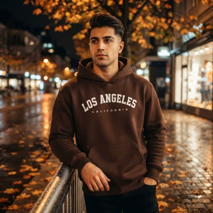 هودی کلاهدار و جیب‌دار مردانه زنانه مدل Los Angeles-قهوه ای