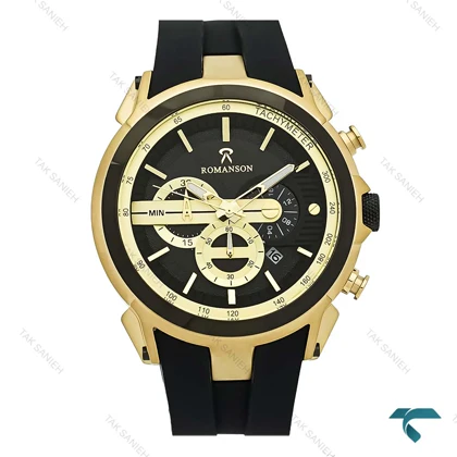 ساعت رومانسون مردانه کورنوگراف دار طلایی مشکی بند رابر Romanson-8261-G
