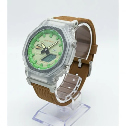 ساعت جی شاک2100بند برزنتی عسلی صفحه سبز