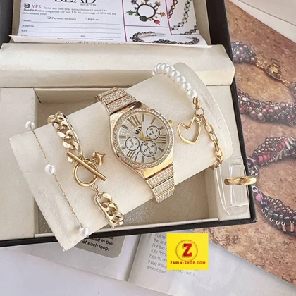 ست ساعت زنانه نگین‌دار و 3 دستبند و انگشتر