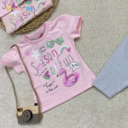 تیشرت شلوارک دخترانه پنبه طرح فلامینگو 1 تا 3 سال