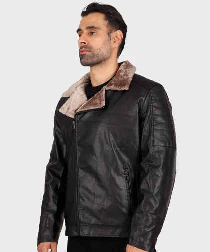 کت چرم مردانه مشکی یقه انگلیسی خزدار 2266