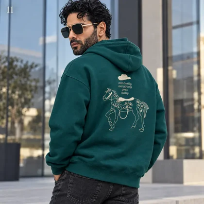 هودی مردانه اورسایز باکسی طرح گلدوزی اسب Modern Fashion سبز تیره پرسیسکا