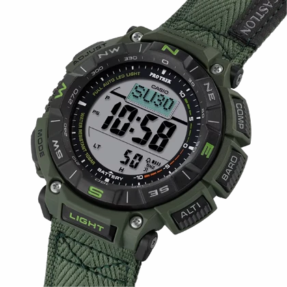 ساعت مچی کوهنوردی کاسیو پروترک (Casio Pro Trek) مدل PRG-340B-3 (دیجیتال, تریپل سنسور, شارژ خورشیدی, بند پارچه‌ای مقاوم)