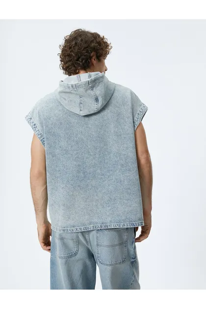 جیب زیپ بدون آستین سرپوش دار کت جین بزرگ با جزئیات 4SAM50027ND