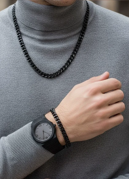 ست مردانه ساعت و دستبند و گردنبند solid black-مشکی ویژه