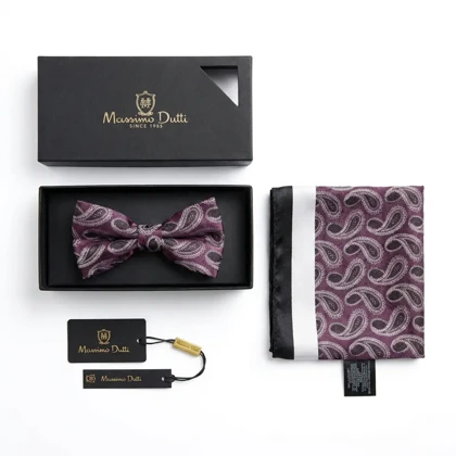 ست پاپیون و پوشت طرح جقه بنفش نقره ای برند Massimo Dutti