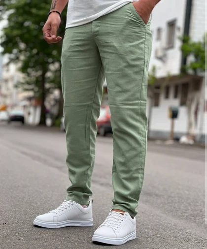 شلوار مام فیت کنفی لینن مردانه سبز سدری استایل اولد مانی فوق‌العاده سبک و خنک