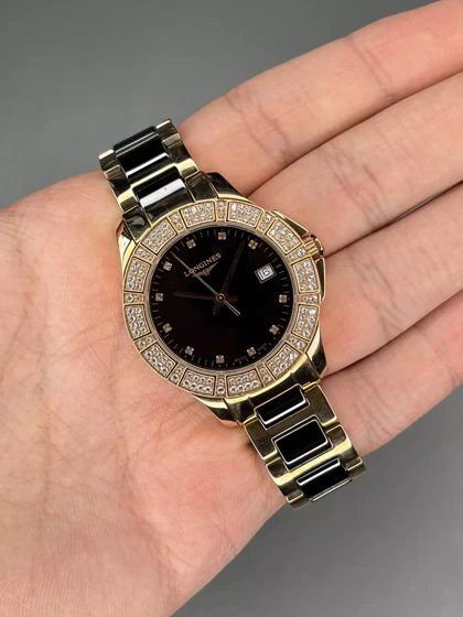 ساعت مچی لونژین دور نگین طلایی مشکی Longines