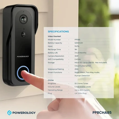 زنگ درب تصویری هوشمند پاورولوژی Powerology مدل PPBCHA85 ضدآب