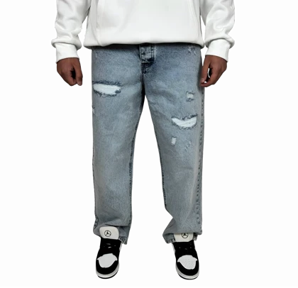 شلوار جین مردانه بگ فیت (Baggy Fit) - رنگ آبی یخی زاپ‌دار - فیت لش