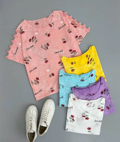 تیشرت سرشانه گیپور مرواریدی مدل 2 کد 2830