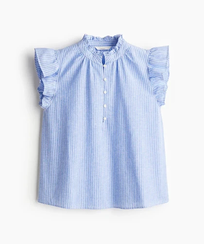 بلوز لینن آستین چین‌دار دکمه سفید H&M271