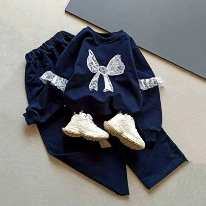 بلوز شلوار دخترانه پاپیون توری نیم بگ