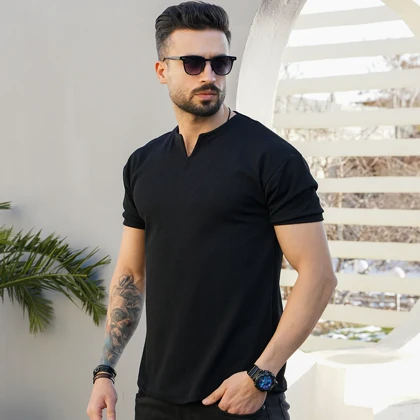 تیشرت آستین کوتاه یقه کوبایی مشکی مردانه مدل Asam