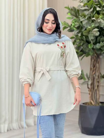 مانتو گلدوزی جلوبسته کمردار