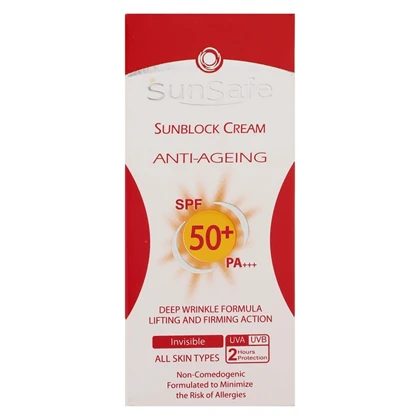 کرم ضد آفتاب و ضدچروک بی رنگ سان سیف SPF50 مناسب انواع پوست 50 میلی‌لیتر