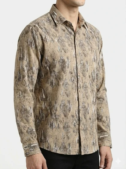 پیراهن مردانه آستین بلند کنفی طرحدار کرم 2003