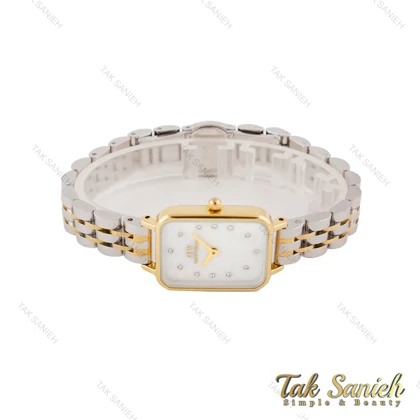 ساعت DW مستطیلی زنانه دورنگ طلایی سفید ایندکس نگین DW-5605-L