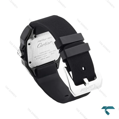 ساعت کارتیه سانتوس 100 زنانه مشکی نقره ای بند رابر Cartier-6367-L