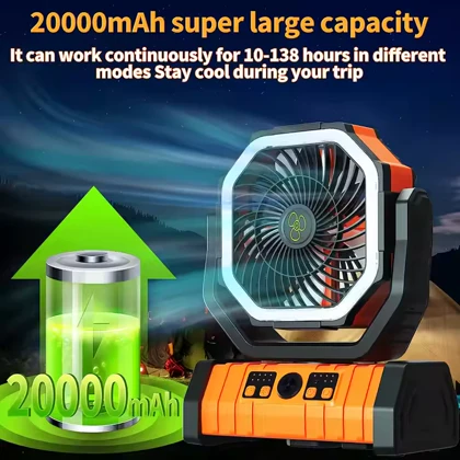 پنکه شارژی کمپینگ مدل F6 با چراغ LED و کنترل از راه دور ظرفیت باتری 20000mAh
