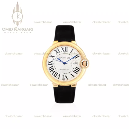 ساعت مچی کارتیه بلن بولو بند چرمی مشکی قاب طلایی Cartier Ballon Bleu
