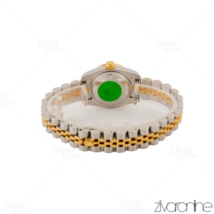 ساعت رولکس دیت جاست زنانه دورنگ طلایی دور نگین صفحه مشکی 105403