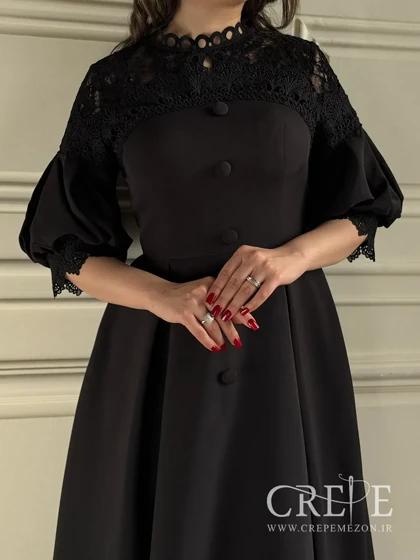 پیراهن میدی بالاتنه گیپور آستین پفی