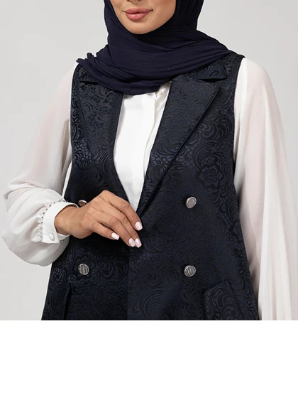 وست بلند زنانه ژاکارد مجلسی جیب نما یقه انگلیسی 70104