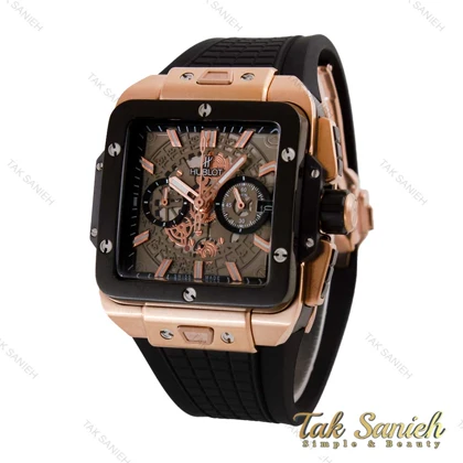 ساعت هابلوت مردانه مربعی سه موتوره رزگلد مشکی پشت شیشه ای Hublot-4998-G